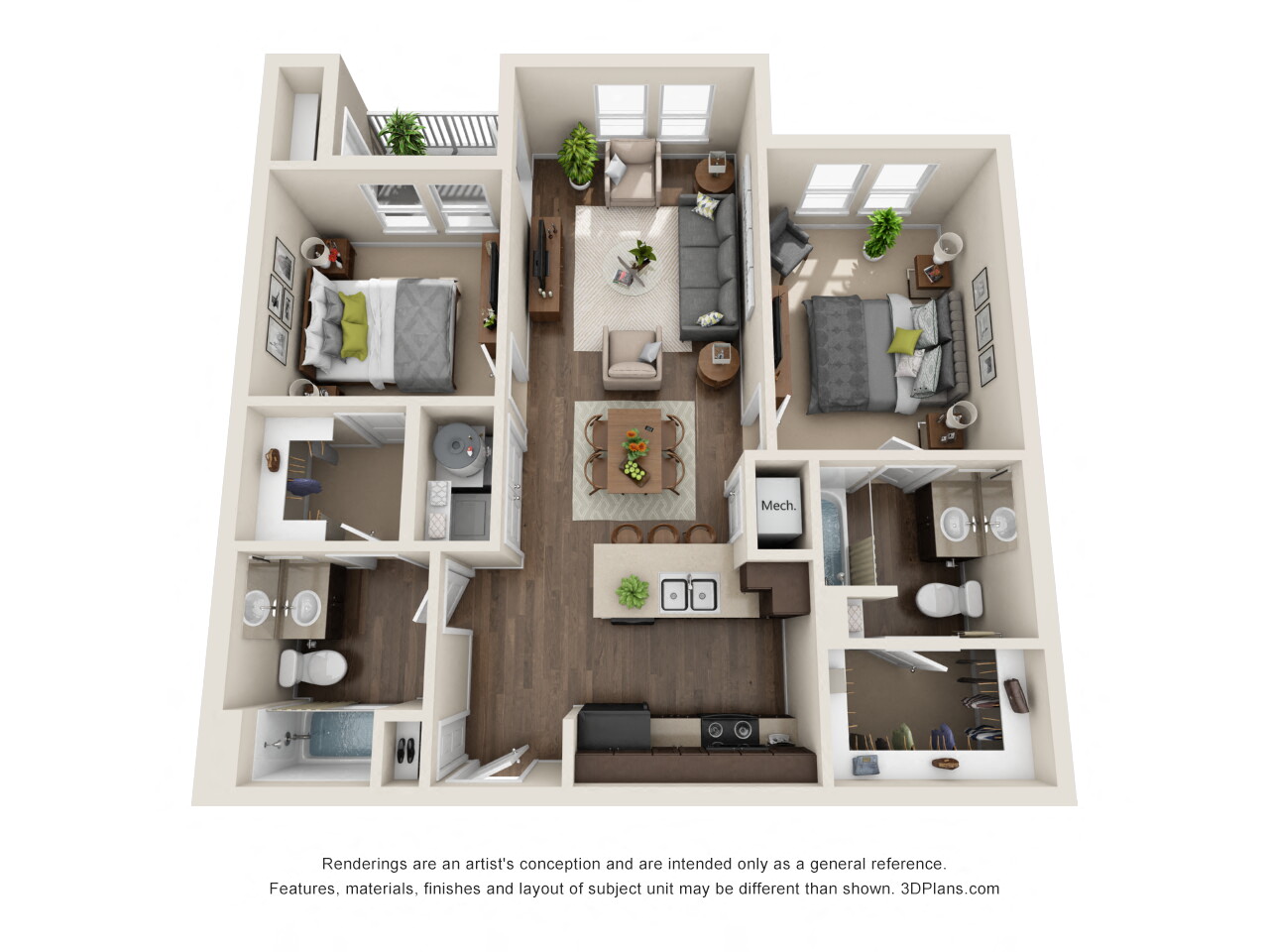 Floor plan for 2 beds, 2 baths, 918 sqft